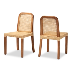 Baxton Studio Caspia Mid-Century Modern Walnut Brown Finished Wood and Natural Rattan 2-Piece Dining Chair Set